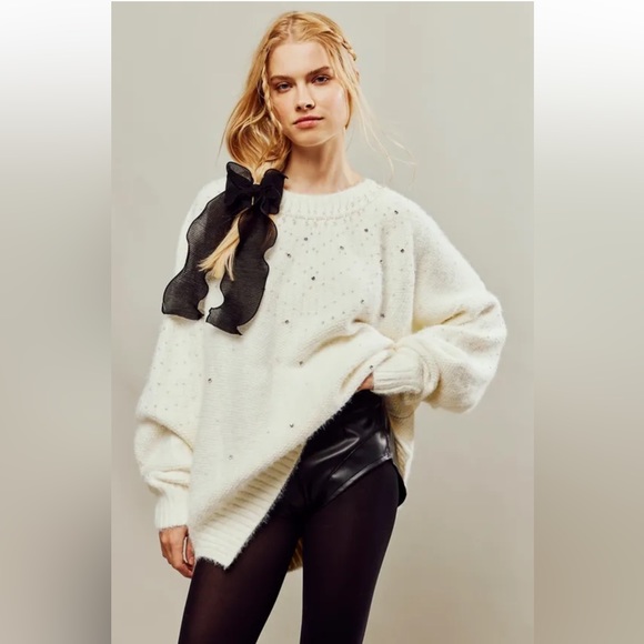 Free People Sweaters - Free People Chart The Stars Sweater Fuzzy Knit Embellished Jeweled Details Ivory